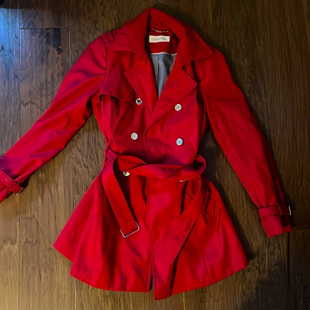 Small red Calvin Klein trench coat EUC